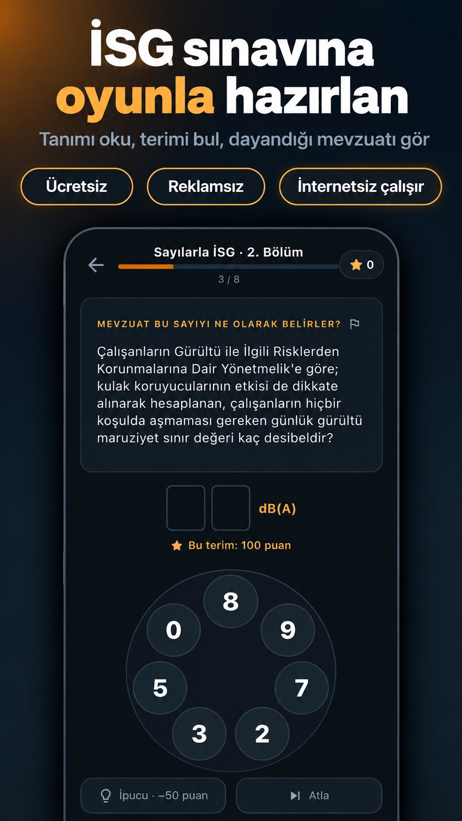İSG Terim Avı uygulaması tanıtım ekranı: ücretsiz, reklamsız, internetsiz çalışır