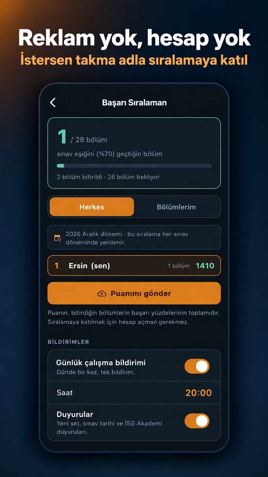 İSG Terim Avı başarı sıralaması ve bildirim ayarları ekranı