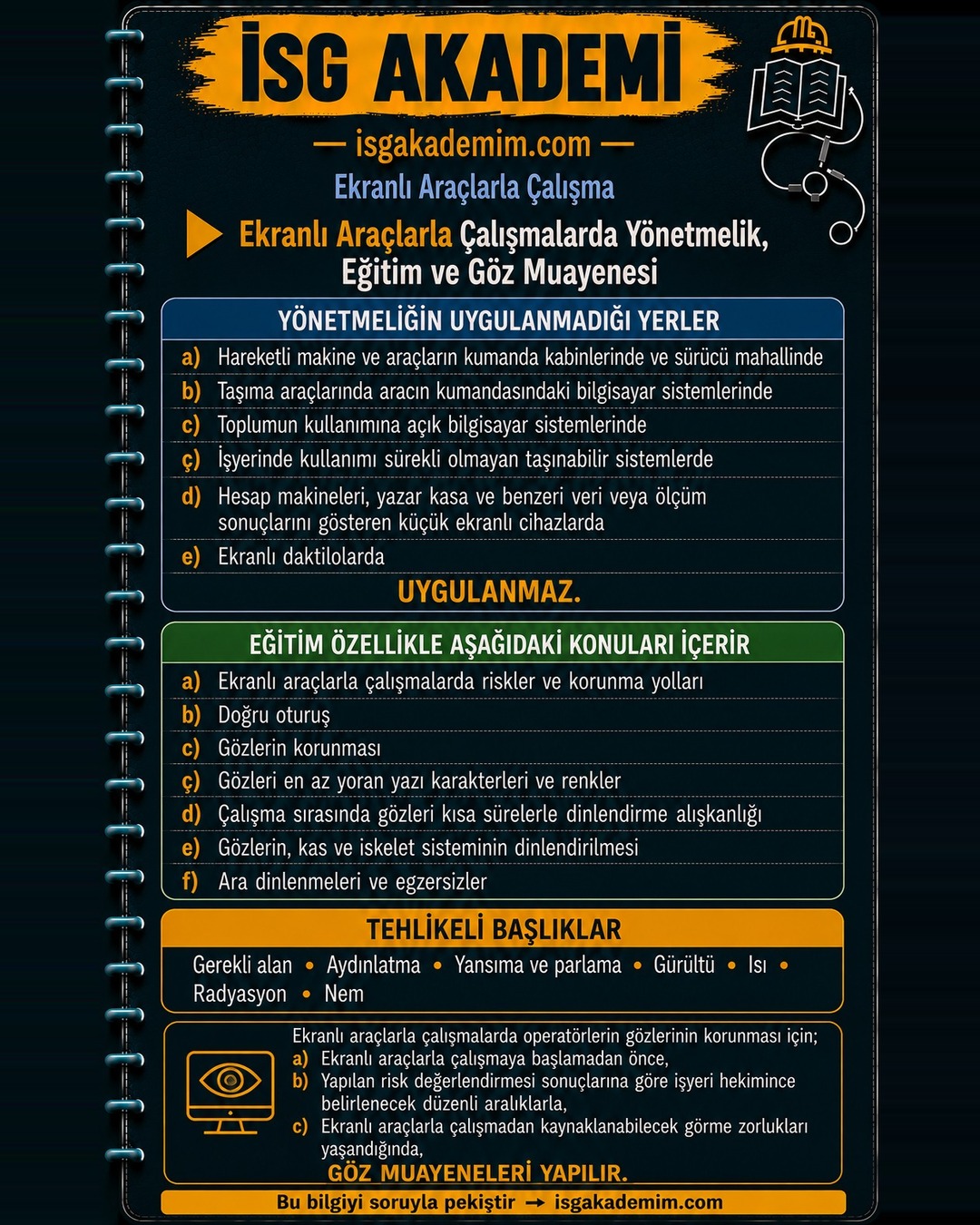 Ekranlı Araçlarla Çalışmalarda Yönetmelik, Eğitim ve Göz Muayenesi