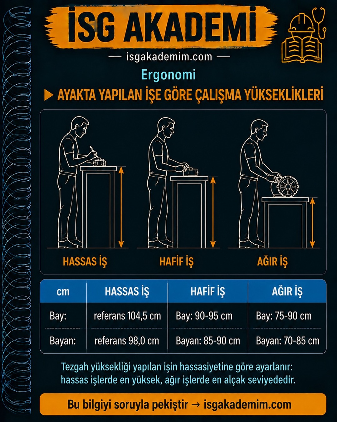 AYAKTA YAPILAN İŞE GÖRE ÇALIŞMA YÜKSEKLİKLERİ