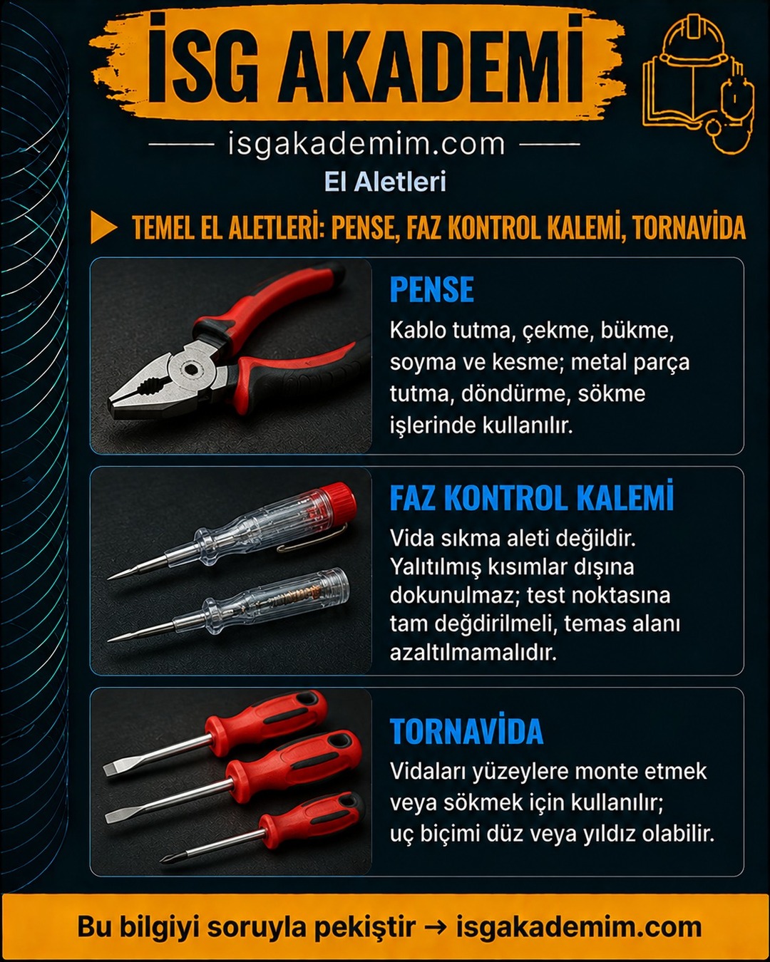 TEMEL EL ALETLERİ: PENSE, FAZ KONTROL KALEMİ, TORNAVİDA