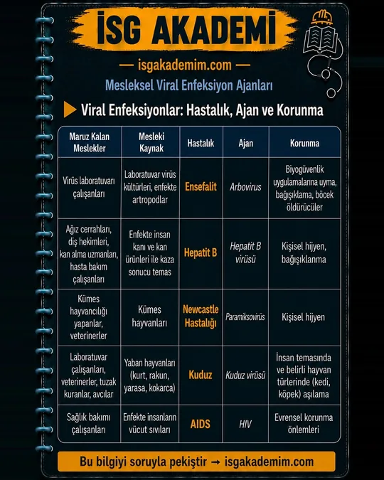 Mesleki Viral Enfeksiyonlar — hap bilgi kartı: Viral Enfeksiyonlar: Hastalık, Ajan ve Korunma. Mesleki viral enfeksiyonlar: ensefalit, hepatit B, Newcastle, kuduz ve AIDS için maruz kalan meslekler, bulaş kaynağı ve korunma yolları.
