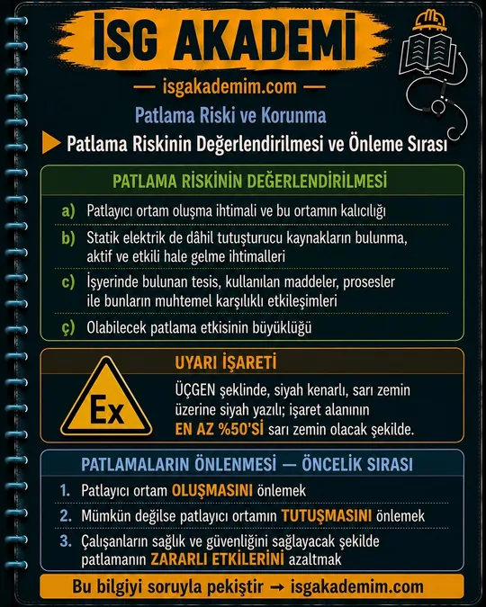 Patlayıcı Ortamda Önlem Öncelik Sırası ve Ex Uyarı İşareti — hap bilgi kartı: Patlama Riskinin Değerlendirilmesi ve Önleme Sırası. Patlama riskinde dört değerlendirme ölçütü, önleme sırası (oluşum, tutuşma, zararlı etki) ve en az %50'si sarı zeminli üçgen Ex işareti.