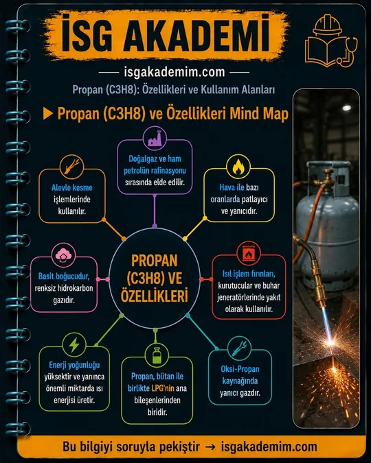 Propan (C3H8) Nedir — hap bilgi kartı: Propan (C3H8) ve Özellikleri. Propan doğal gaz ve petrol rafinasyonundan elde edilen renksiz, basit boğucu gaz; bütanla LPG'yi oluşturur, alevle kesme ve oksi-propan kaynağında kullanılır.