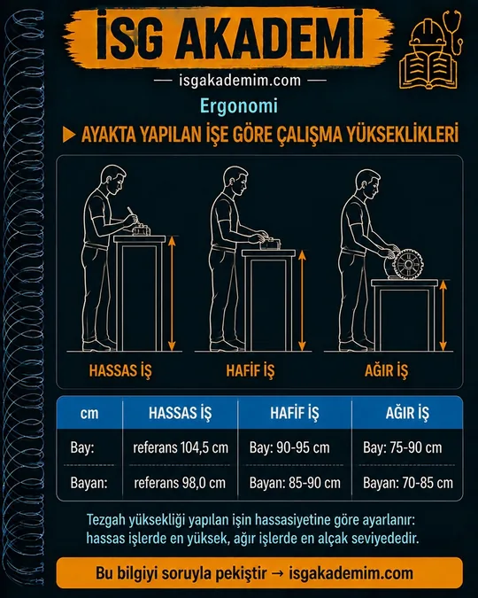 Ayakta Çalışma Tezgâh Yüksekliği — hap bilgi kartı: Ayakta Yapılan İşe Göre Çalışma Yükseklikleri. Ayakta tezgâh yüksekliği: hassas işte erkek 104,5, kadın 98 cm referans; hafif işte 90–95 ve 85–90, ağır işte 75–90 ve 70–85 cm.